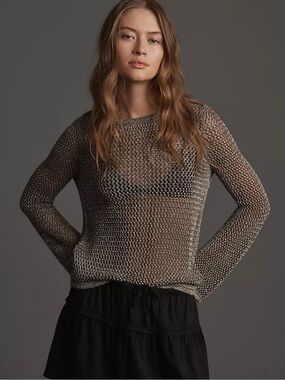 Anthropologie Open-Knit Metallic Sweater Top - Silver